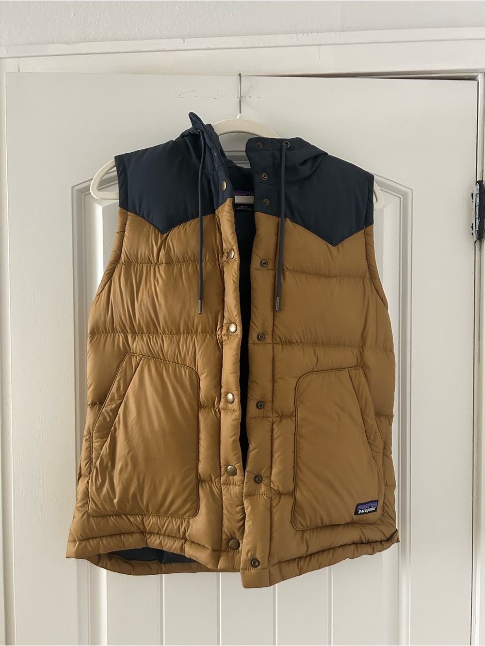 Patagonia Hooded Puffer Vest in Brown and Navy